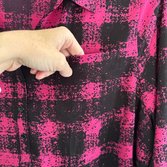 Catherines pink black tunic blouse top 2X v-neck popover collar roll tab sleeve - Picture 4 of 9